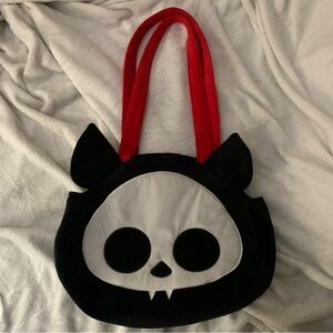 Skelanimal Black Tote Bag with White Skull and Red straps